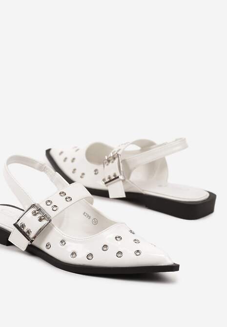 Białe Lakierowane Sandały Ozdobione Metalicznymi Detalami Saniora
