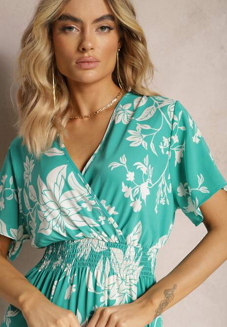 Jasnozielona Rozkloszowana Sukienka Kopertowa z Kwiatowym Wzorem Mareal