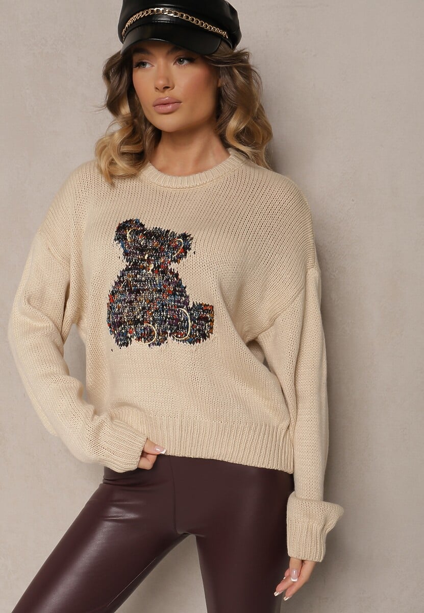 Bordowy Wiskozowy Sweter z Cekinami i Motywem Misia Nyrimi