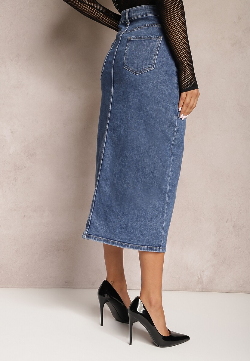 Niebieska Jeansowa Spódnica Midi Zapinana na Guziki Mimmera