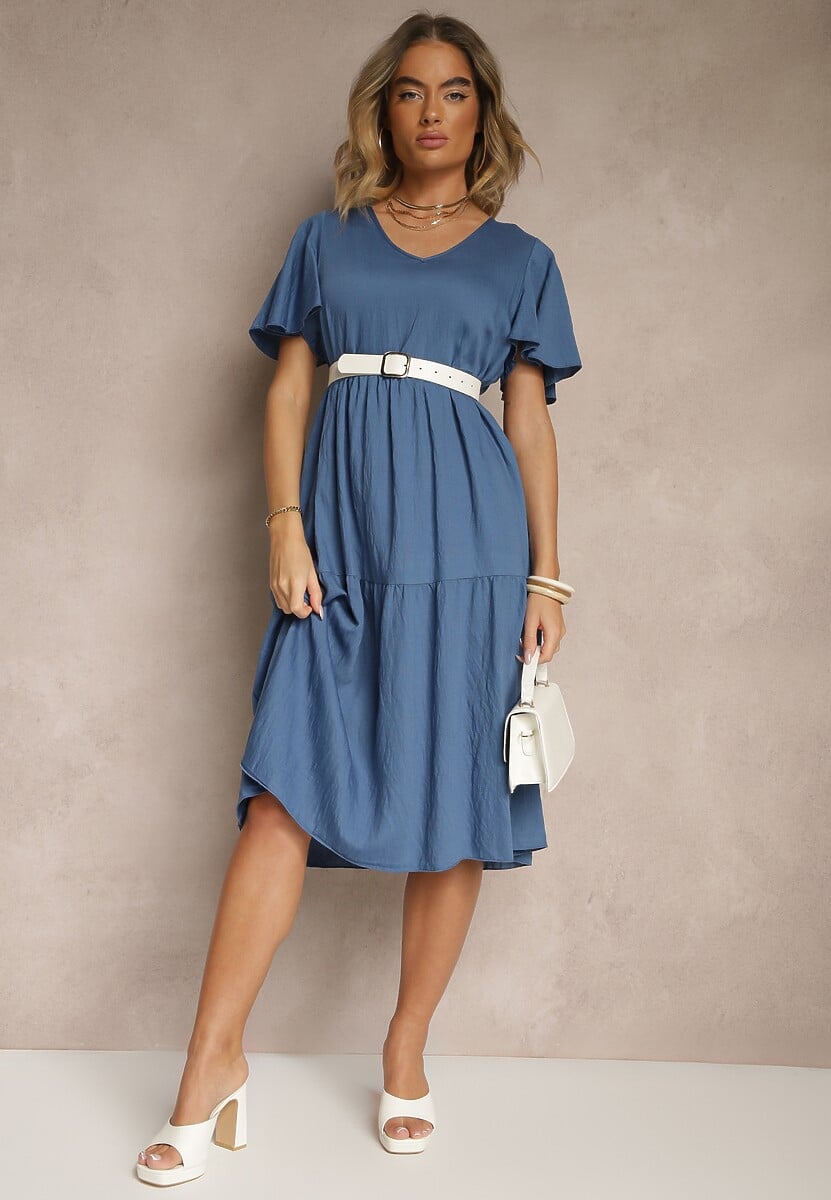 Niebieska Rozkloszowana Sukienka z Wiskozy z Dekoltem w Serek Natasella