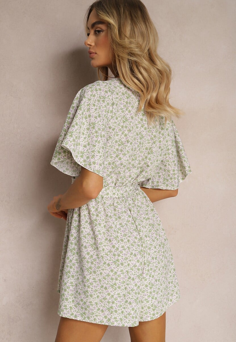 Zielony Taliowany Kombinezon z Materiałowym Paskiem i Gumką w Pasie Wykończony Guzikiem z Tyłu Penilla