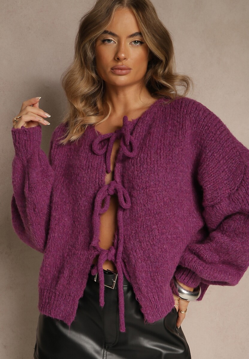 Fioletowy Kardigan z Wełną o Kroju Oversize z Wiązanymi Kokardami Elearina