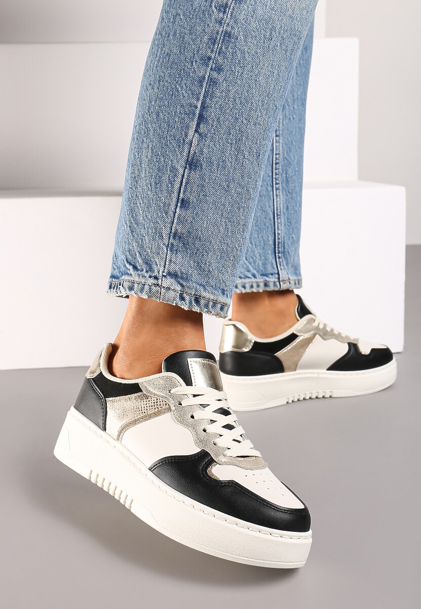 Czarno-Beżowe Sneakersy na Platformie Ozdobione Metalicznymi Elementami Miaraena