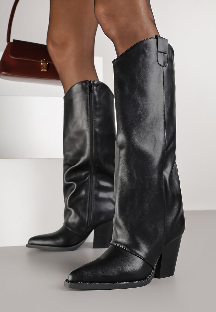 Czarne Kozaki w Stylu Kowbojek z Prostą Cholewką na Stożku Afarrive