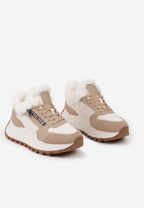 Beżowe Sneakersy na Platformie z Napisem Sznurowaniem i Futerkiem Vazina