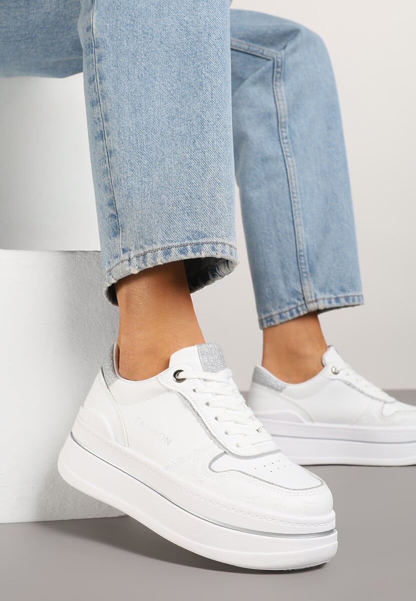 Biało-Czarne Sneakersy na Platformie Ozdobione Brokatem i Napisem Udivoria