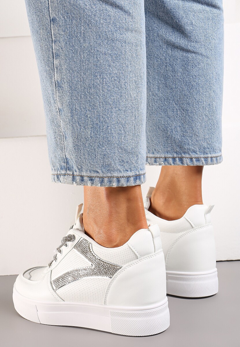 Biało-Srebrne Sneakersy ze Wstawką z Cyrkonii na Ukrytym Koturnie Hricane