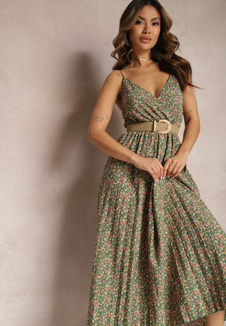 Ciemnozielona Sukienka na Ramiączkach z Kopertowym Dekoltem z Plisowaniem i Letnim Wzorem Rysenna