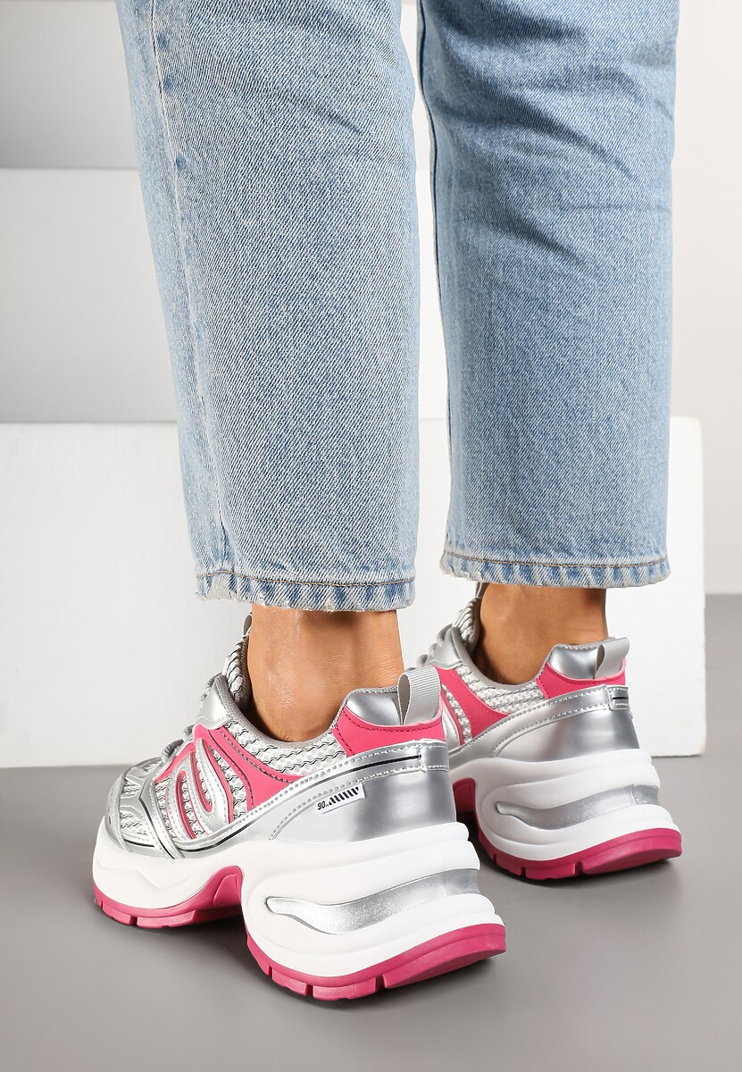 Srebrno-Różowe Sneakersy na Platformie Ozdobionej Tłoczeniem z Geometrycznym Motywem Arivira