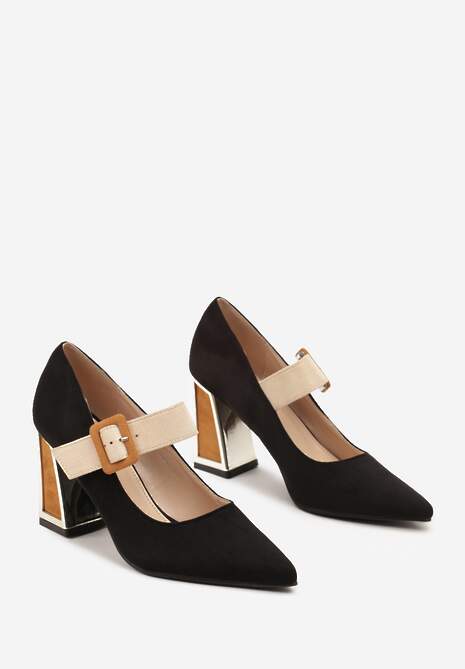 Czarne Czółenka na Słupku z Metalicznymi Wstawkami i Paskiem Enavina