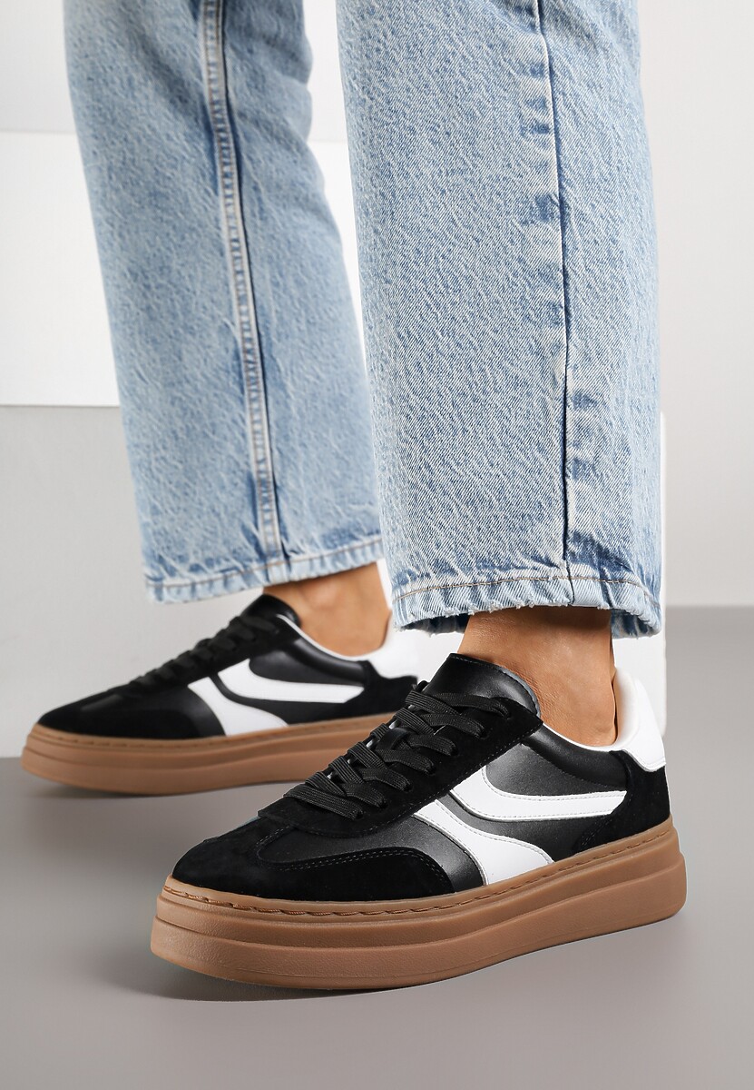 Czarne Zamszowe Sneakersy Tenisówki Ozdobione Geometrycznym Motywem Nalivette