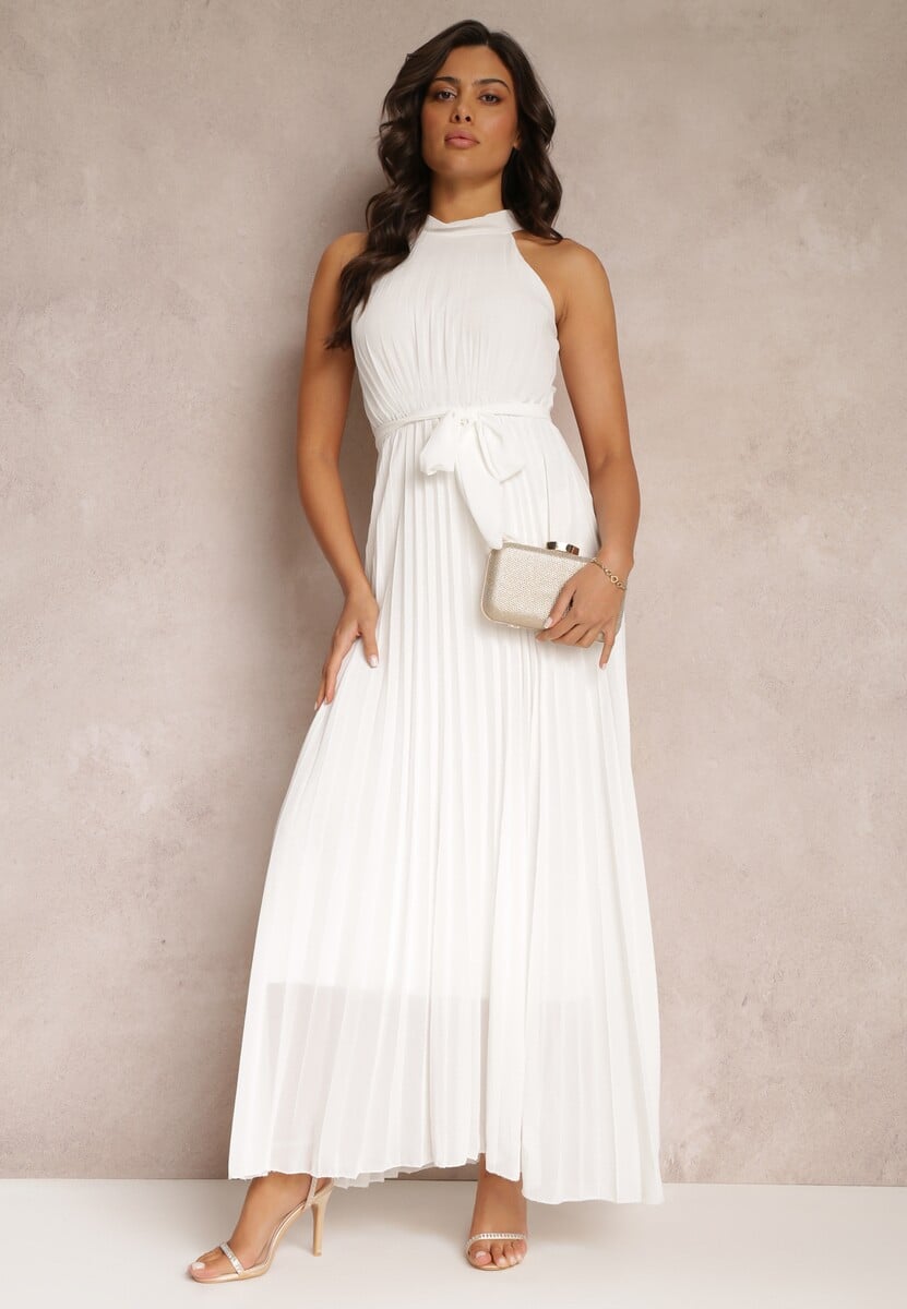 Biała Sukienka Maxi bez Rękawów z Gumką w Talii z Plisowanej Tkaniny Pesstia