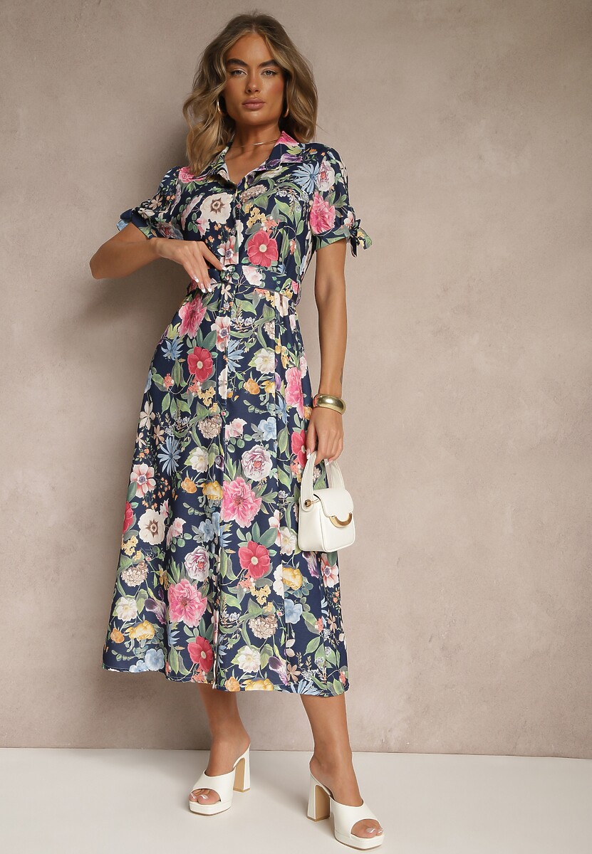 Granatowa Koszulowa Sukienka w Kwiaty o Rozkloszowanym Fasonie z Paskiem Fevalirra