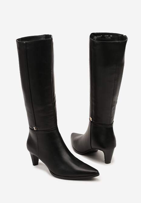 Czarne Kozaki na Stożkowym Obcasie z Metaliczną Ozdobą Naleira