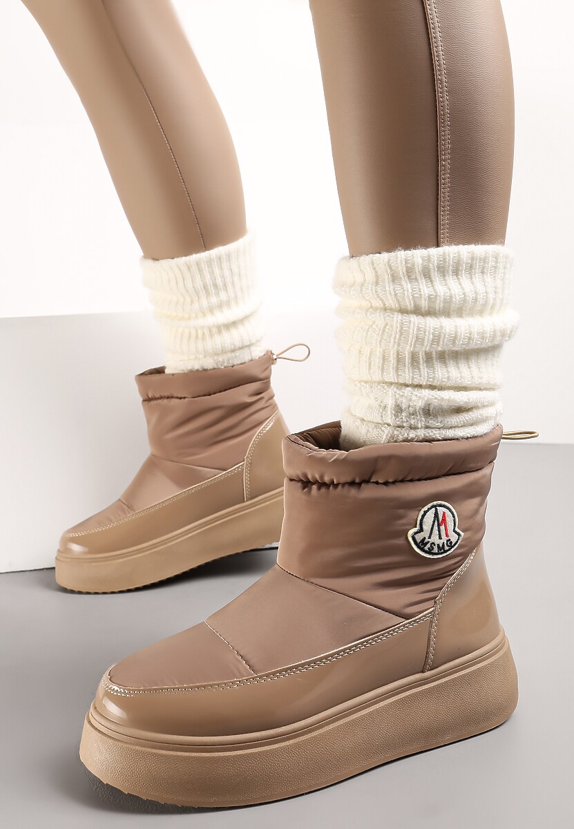 Jasnobrązowe Krótkie Śniegowce na Grubej Podeszwie ze Ściągaczem Mitta