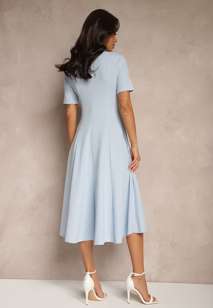 Niebieska Sukienka Rozkloszowana o Taliowanym Fasonie Telaswena