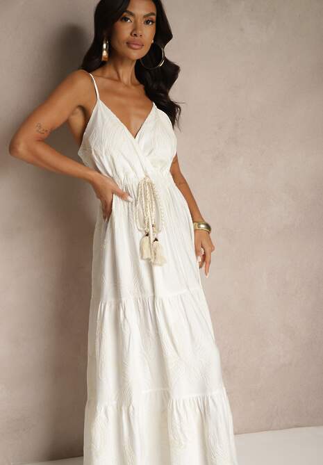 Biała Sukienka z Wiskozą ze Sznurkiem i Haftowanym Wzorem Liralette