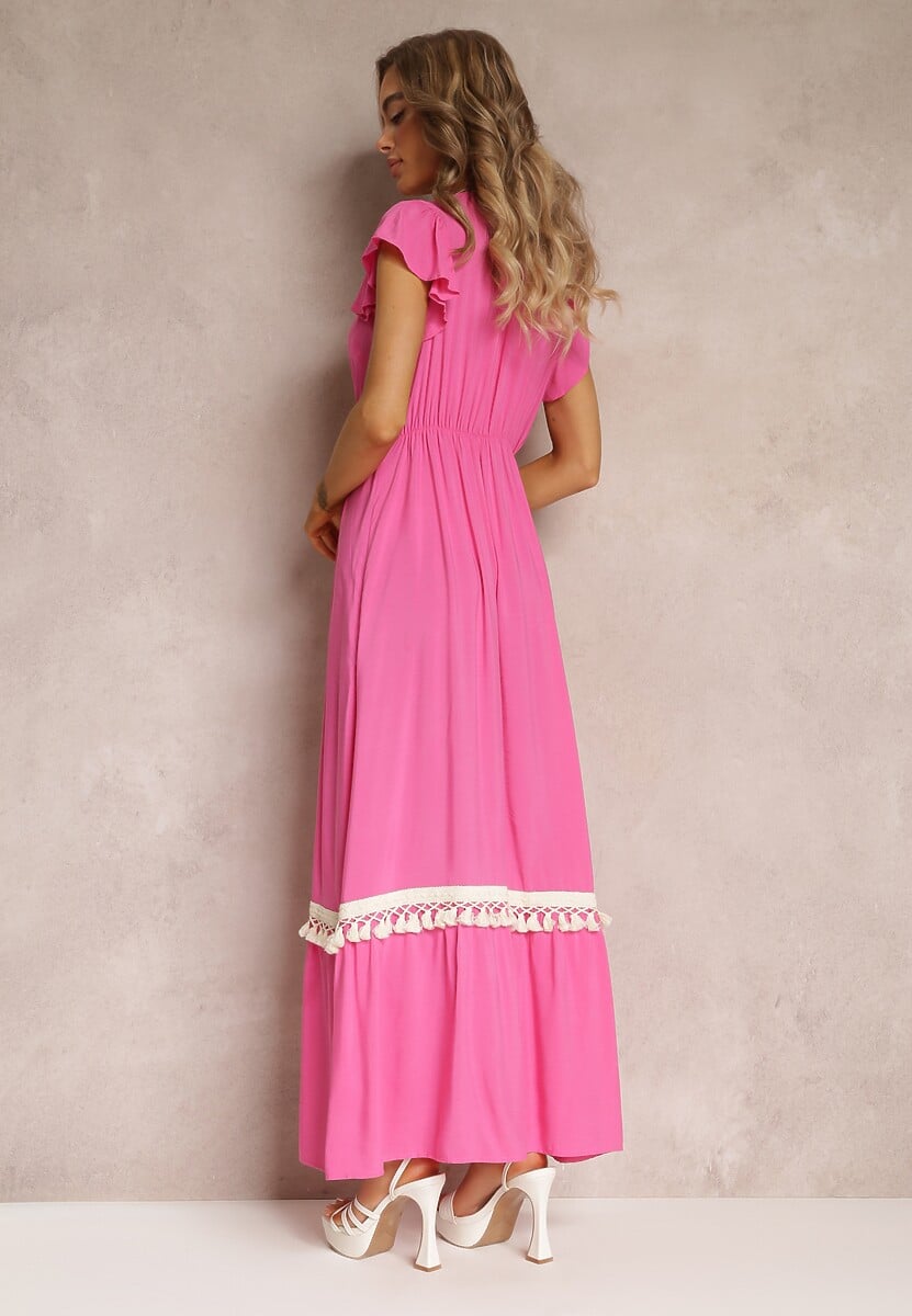 Fuksjowa Wiskozowa Maxi Sukienka z Frędzlami i Wiązaniem przy Dekolcie Rosania