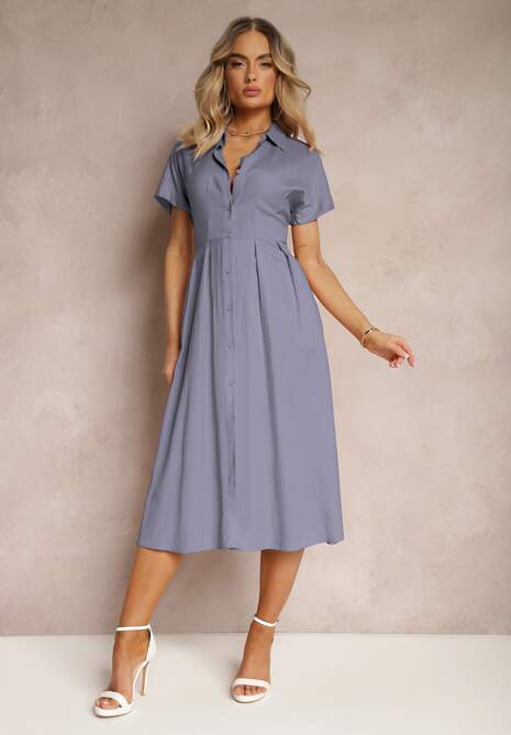 Niebieska Sukienka Koszulowa z Lnem i Wiskozą Jucilla