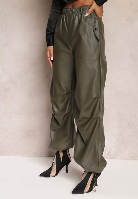 Ciemnozielone Szerokie Spodnie z Gumką w Talii z Imitacji Skóry Aeralin