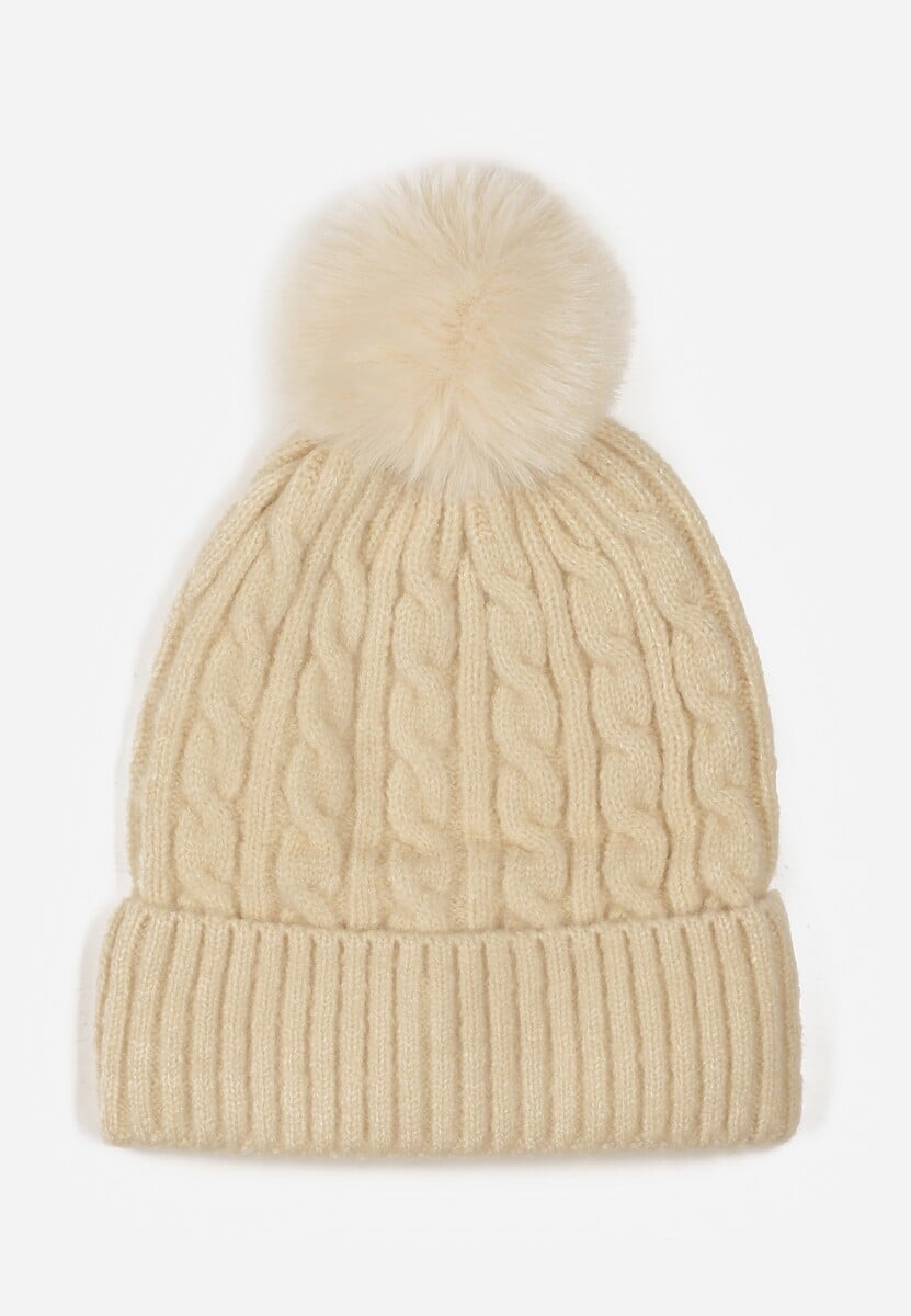 Beżowa Czapka z Pomponem Zdobiona Warkoczowym Splotem Vetizare