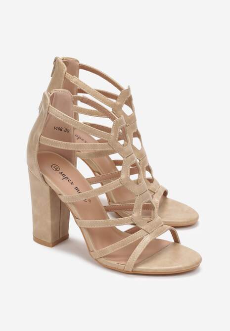 Beżowe Sandały na Słupku z Paskami Ocotia