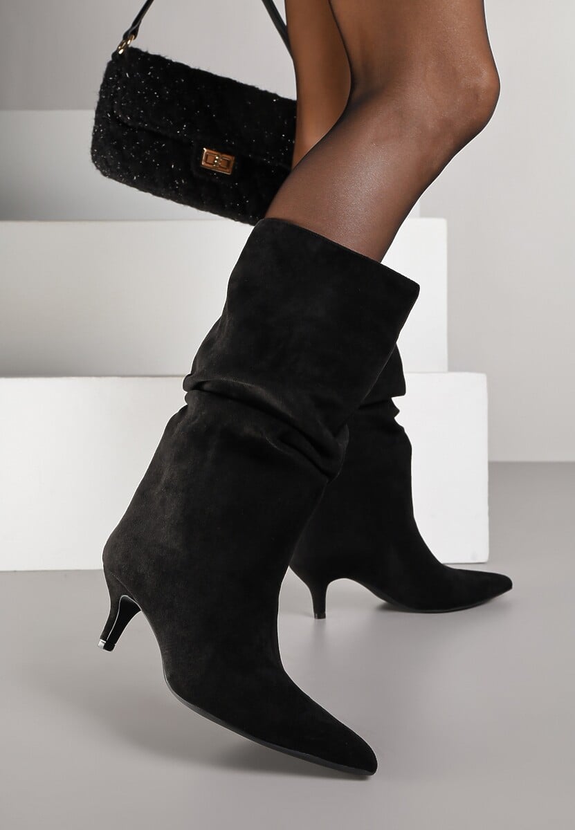 Czarne Botki na Kaczuszce z Marszczoną Cholewką Nalorena