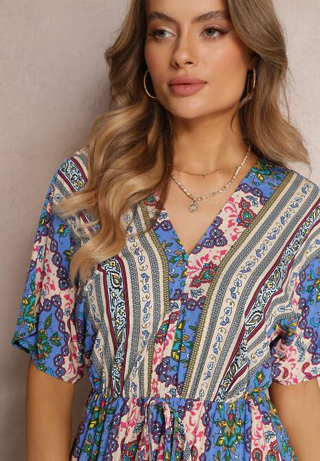 Niebieska Wiskozowa Sukienka Maxi z Gumką w Pasie i Falbanką Cophine