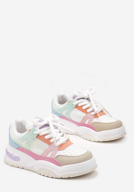Biało-Różowe Sneakersy na Grubej Podeszwie z Szerokim Wiązaniem Iniestra