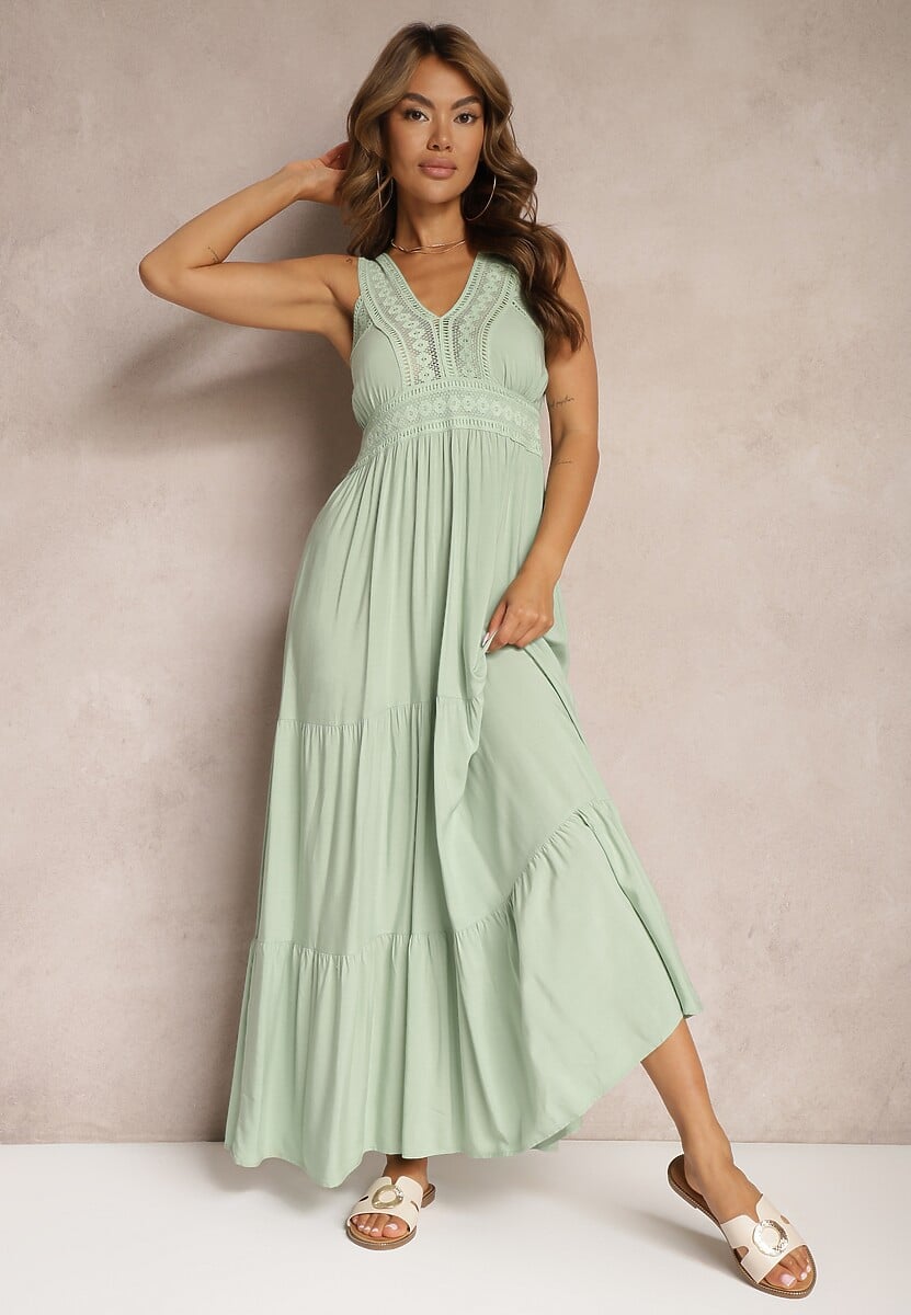 Zielona Rozkloszowana Sukienka Maxi z Szydełkowanymi Wstawkami Ylivea