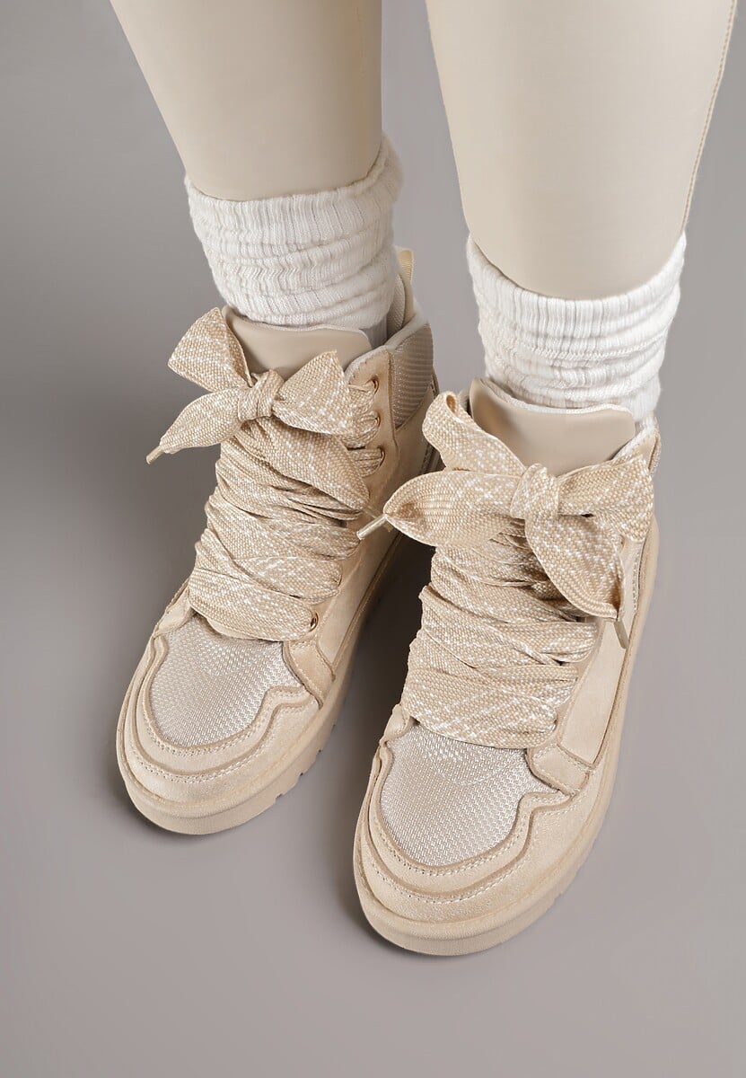 Beżowe Sneakersy Ozdobione Sznurówkami w Geometryczny Wzór Avoslia