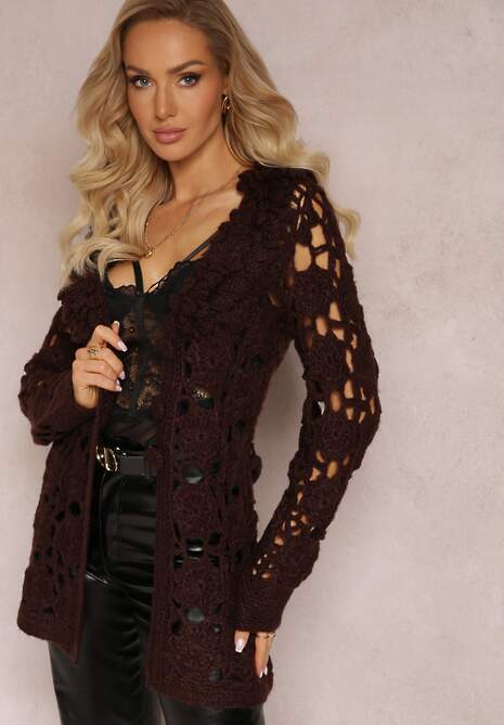 Ciemnobrązowy Ażurowy Kardigan z Wiązanym Paskiem Petrame