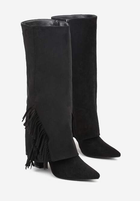 Czarne Kozaki na Słupkowym Obcasie z Cholewką Imitującą Nogawkę z Frędzlami Linafela