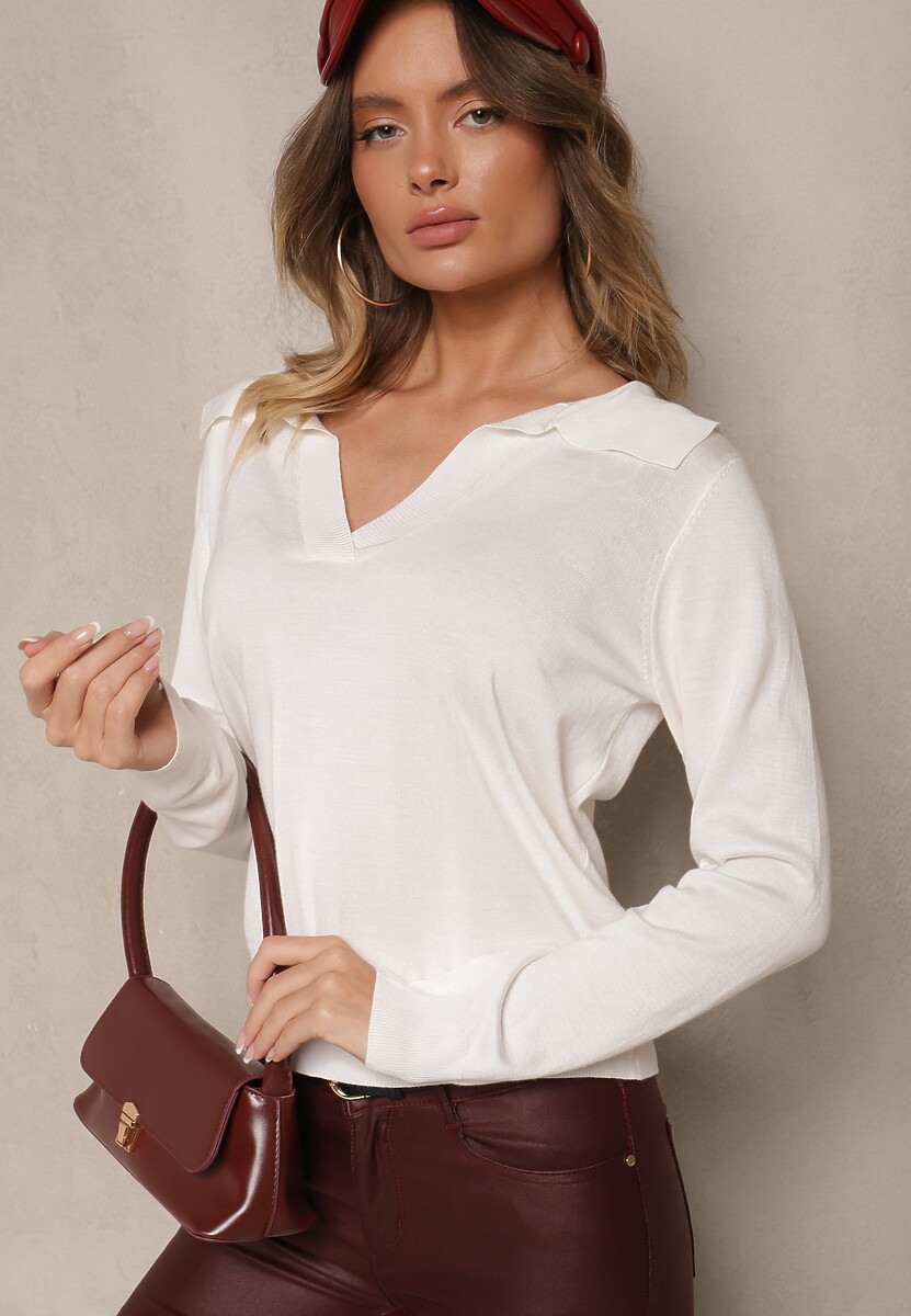 Biały Sweter z Wiskozą i Ozdobnym Kołnierzykiem Ceaola