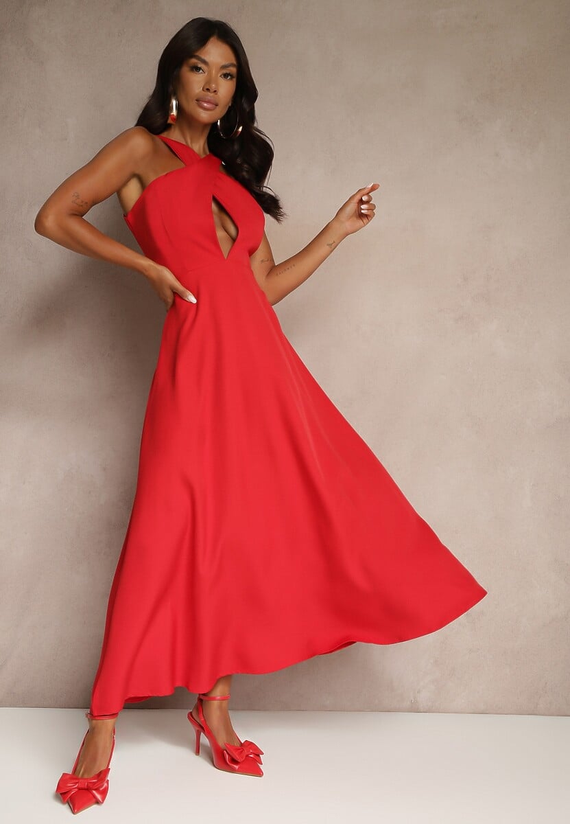 Czerwona Koktajlowa Sukienka z Wiskozą i Dekoltem Halter Dolmanna