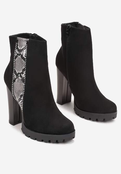 Czarne Botki na Słupku z Wężowym Paskiem Dorado