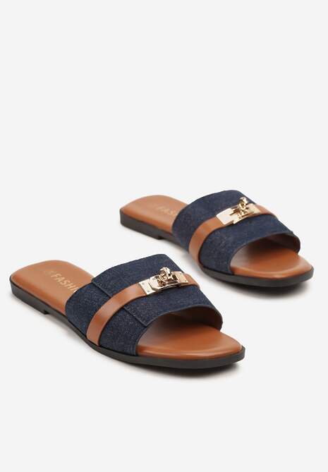 Granatowe Klapki z Kwadratowym Noskiem i Metaliczną Aplikacją Morwia