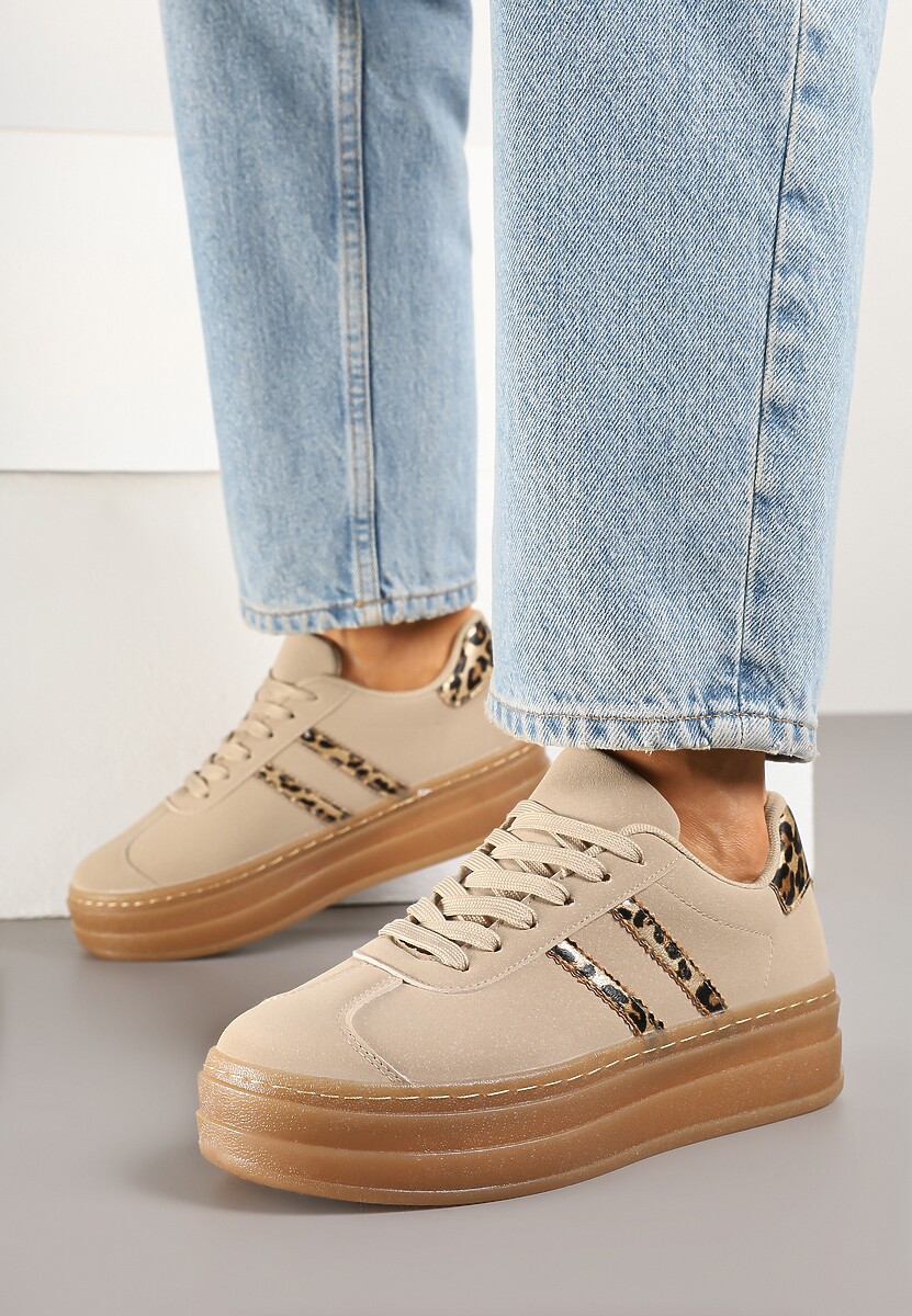 Ciemnobeżowe Sneakersy na Tłoczonej Platformie Ozdobione Paskami Felainora