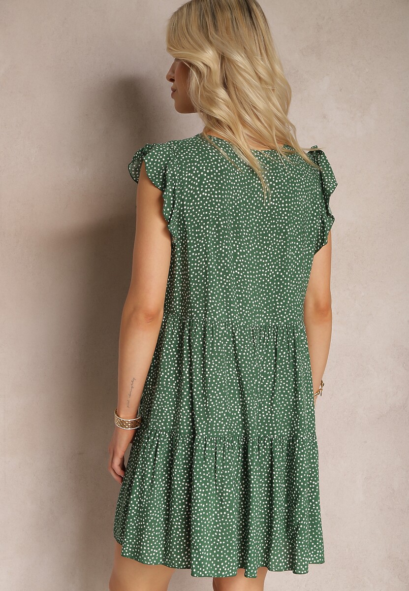 Ciemnozielona Rozkloszowana Sukienka z Bawełny w Kropki z Trójkątnym Dekoltem Riessa