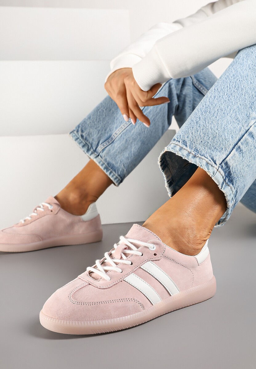 Różowe Płaskie Sneakersy ze Skóry Naturalnej z Ozdobnymi Paskami Nelarielis