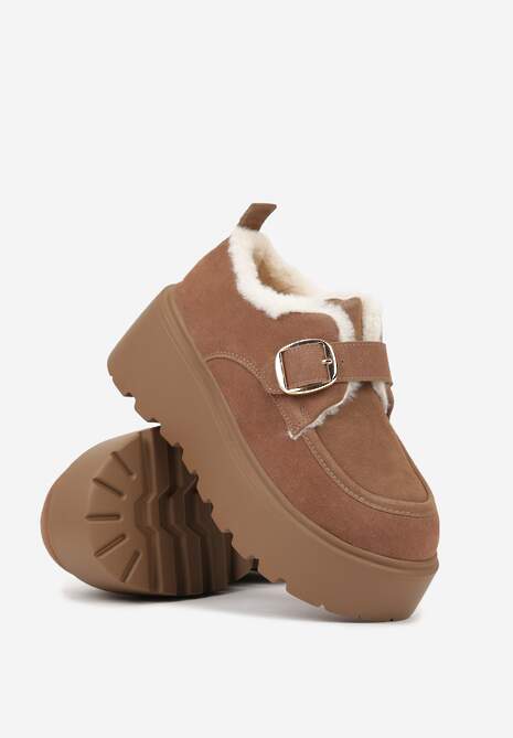 Brązowe Śniegowce na Platformie z Paskiem ze Sprzączką i Futrem Unweda