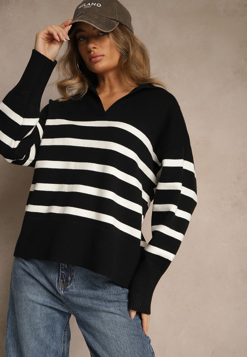 Czarno-Szary Sweter w Paski z Dekoltem w Serek z Kołnierzykiem Ralinavia