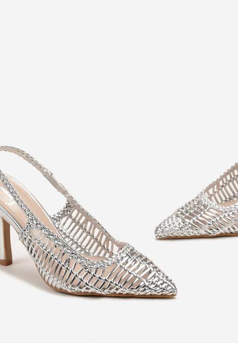 Srebrne Czółenka z Plecioną Cholewką na Szpilce i Szpiczastym Noskiem Letto