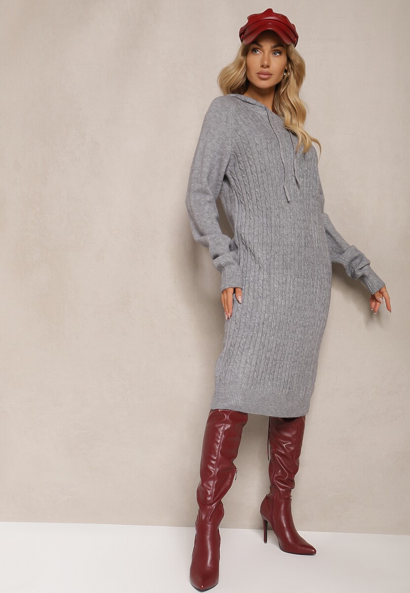 Szara Sukienka Sweterkowa z Kapturem Ozdobiona Sznurkami Ittilina