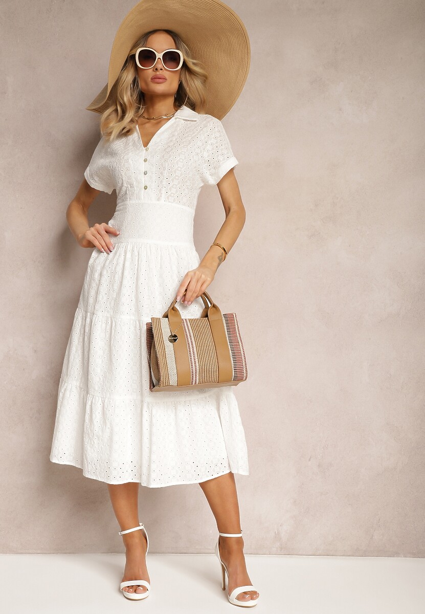 Biała Ażurowa Sukienka z Bawełny z Krótkim Rękawem i Guzikami Obitha