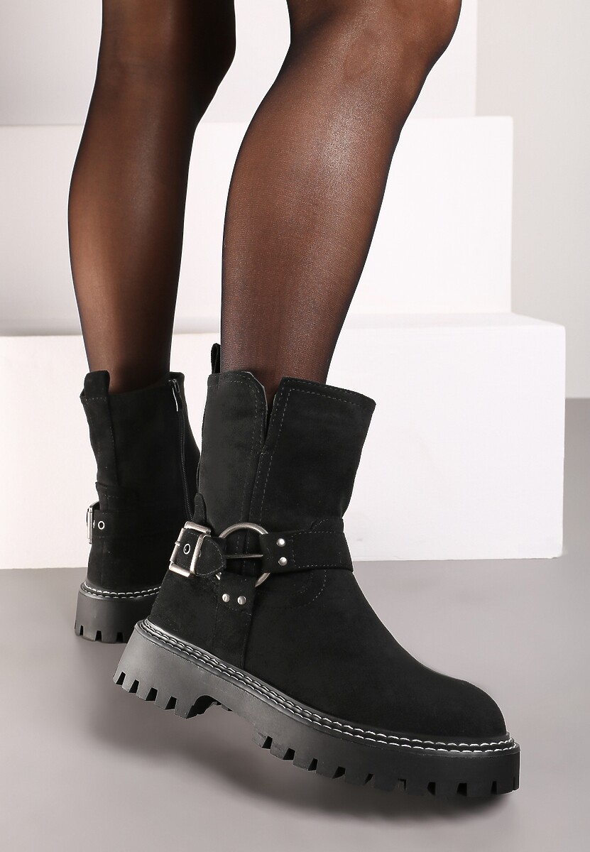 Czarne Płaskie Botki w Stylu Biker Ozdobione Klamrami i Paskami Terinene