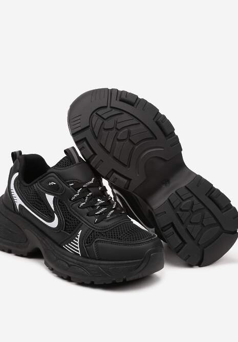 Czarne Sneakersy na Profilowanej Podeszwie z Siateczkowymi Wstawkami Parinella