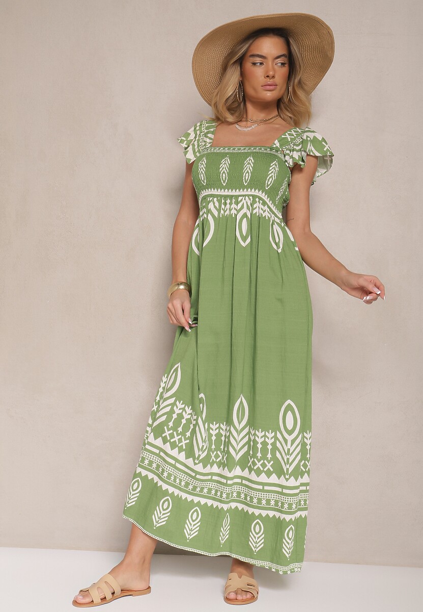 Zielona Wiskozowa Sukienka Rozkloszowana w Ornamentalny Wzór Lisaretia