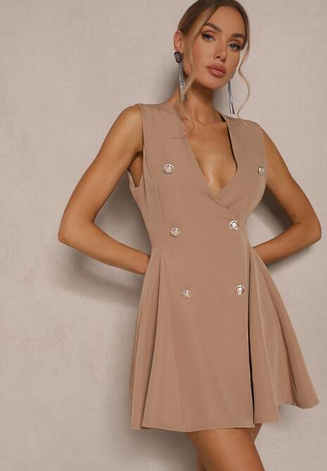 Ciemnobeżowa Sukienka o Rozkloszowanym Kroju z Guzikami Tallisca